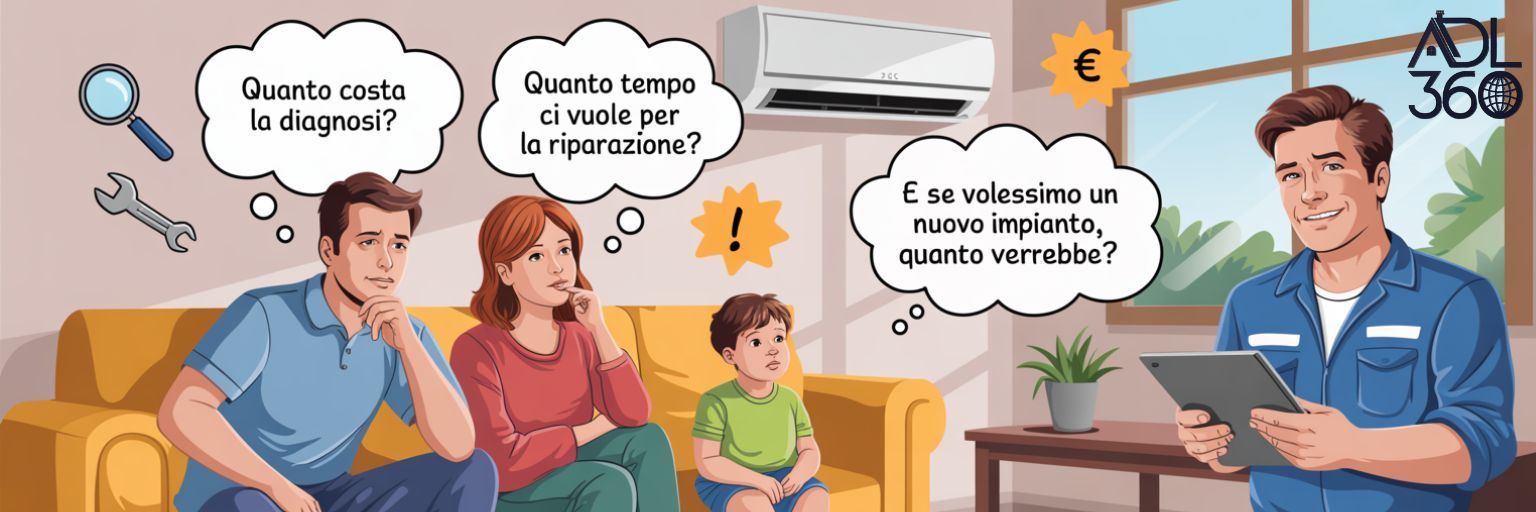 vignetta che raffigura una famiglia che domanda al tecnico adl360 informazioni