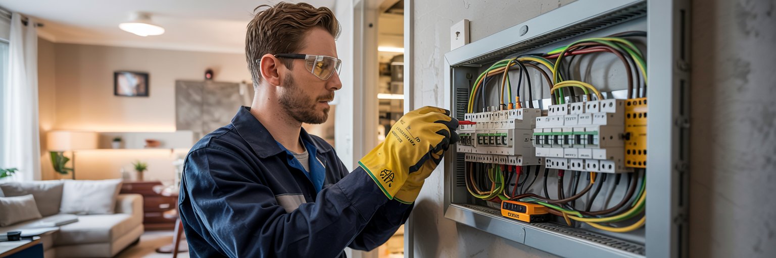 Elettricista professionista che esegue la sostituzione di un salvavita in un quadro elettrico di un appartamento fiorentino, con attrezzatura professionale e dispositivi di sicurezza