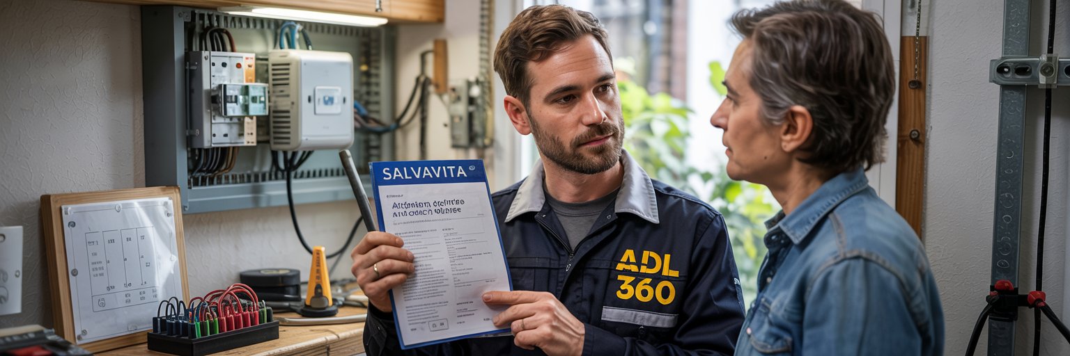  Elettricista qualificato che mostra al cliente la certificazione professionale e spiega l'intervento di sostituzione del salvavita da effettuare