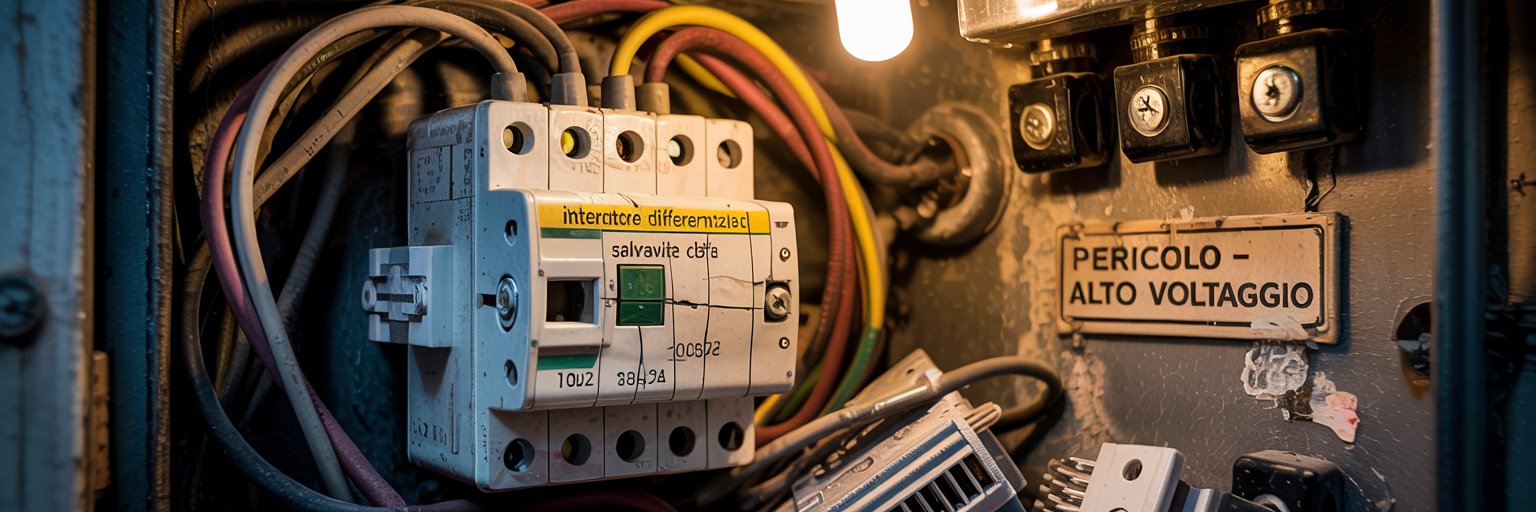Salvavita obsoleto con segni di deterioramento che necessita di sostituzione immediata da parte di un elettricista qualificato
