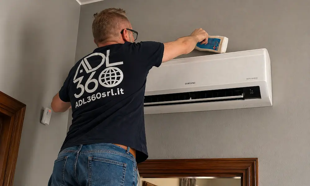 Tecnico ADL 360 esegue manutenzione professionale di condizionatore split