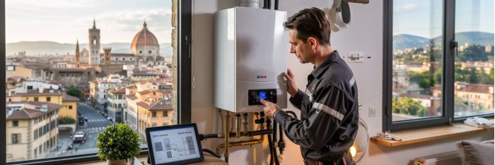 Un tecnico idraulico che installa una caldaia a firenze - adl360 srl
