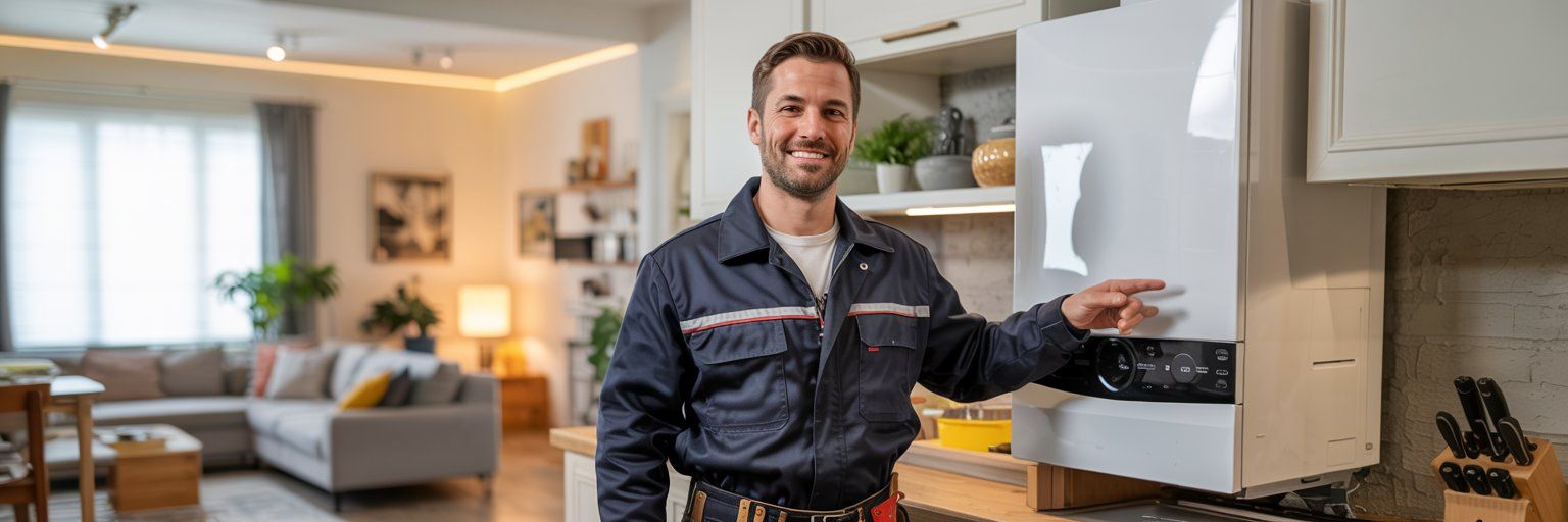 Installazione caldaie a Prato -Tecnico adl 360 srl che ha appena finito di installare una caldaia a Prato